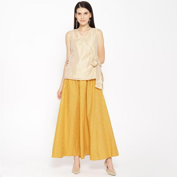 Mustard Yellow Printed Pure Cotton A-Line Maxi Skirt