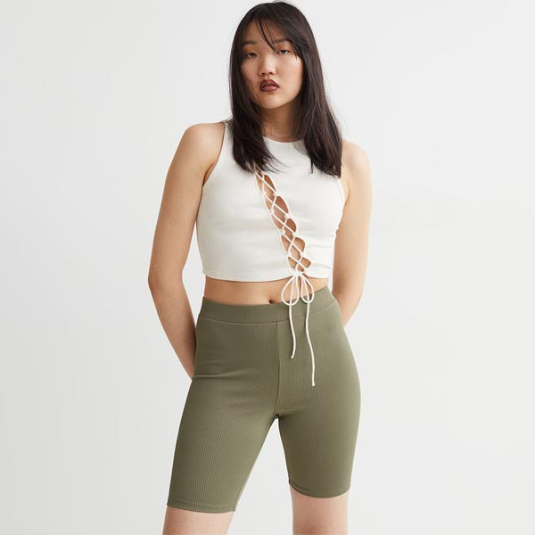 Women Olive Green Ribbed Cycling Shorts