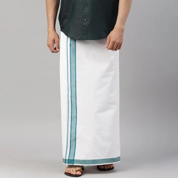 Men White & Green Pure Cotton Dhoti