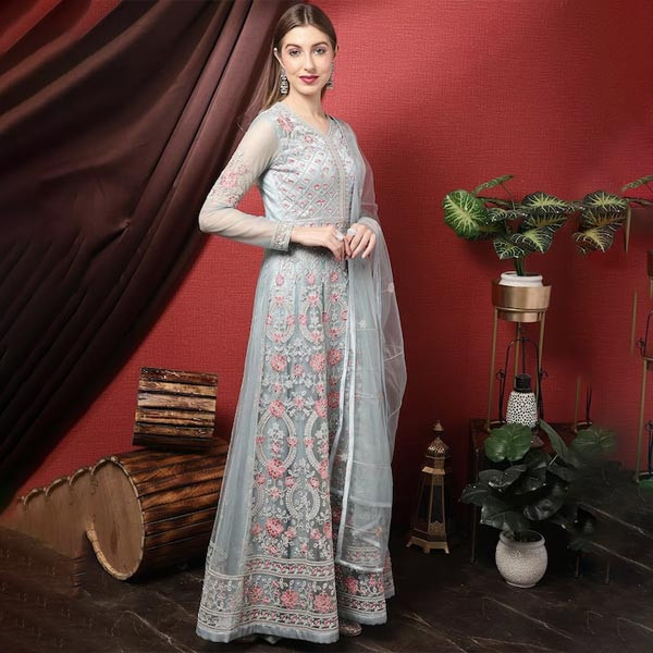 Embroidered Semi-Stitched Gown with Dupatta