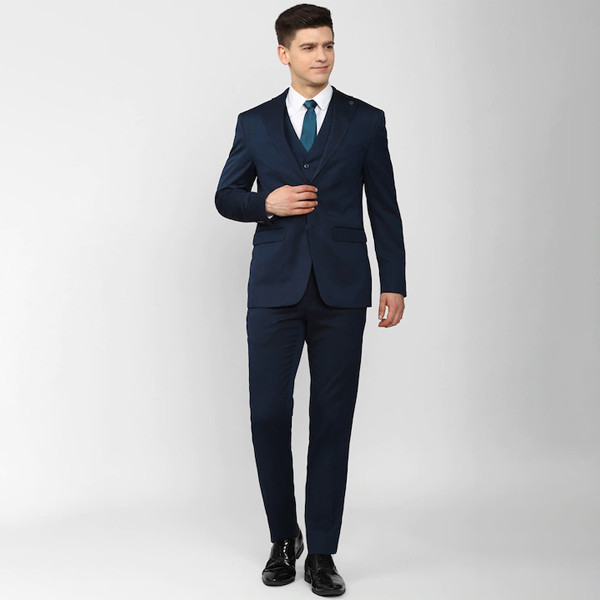 Men 3 Piece Navy Blue Printed Suits