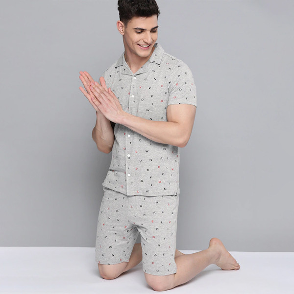 Men Grey Melange & Navy Blue Printed Shorts Set