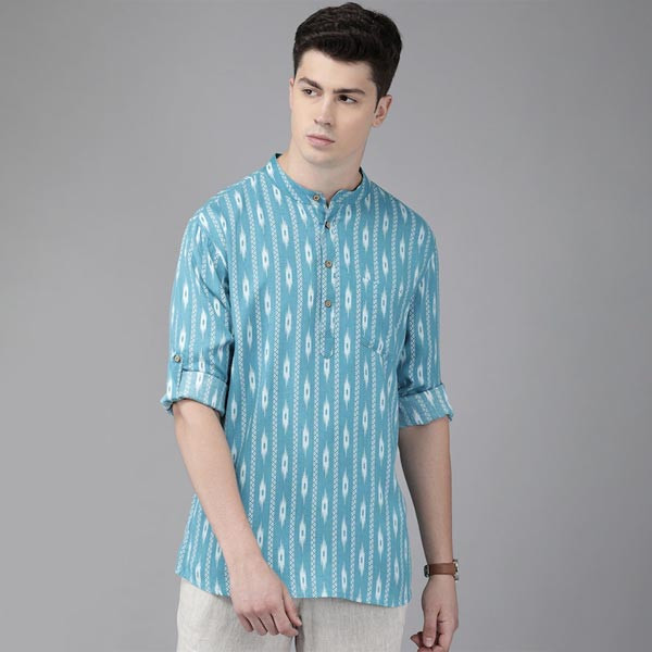 Men Turquoise Blue & White Printed Straight Kurta