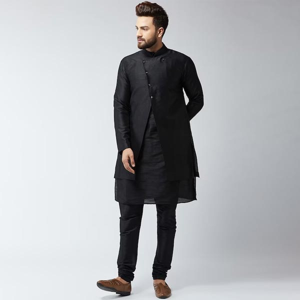 Men Black Self-Design Sherwani Set