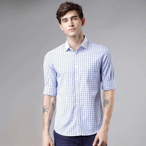 Men White & Blue Slim Fit Checked Formal Shirt