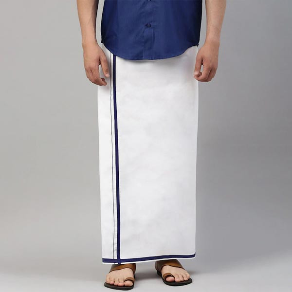 Men White & Brown Solid Cotton Dhoti