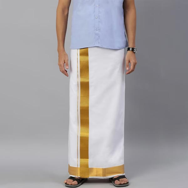 Men White Pure Cotton Double Layer Solid Dhoti with Gold Zari Border