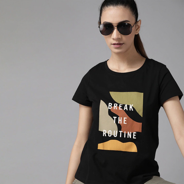 Women Black Orange Printed Cotton Round Neck T-shirt