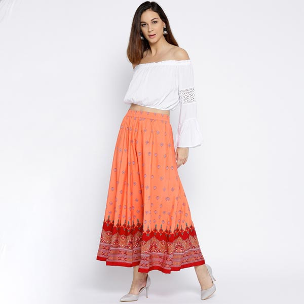 Coral Orange Printed Maxi Flared Skirt