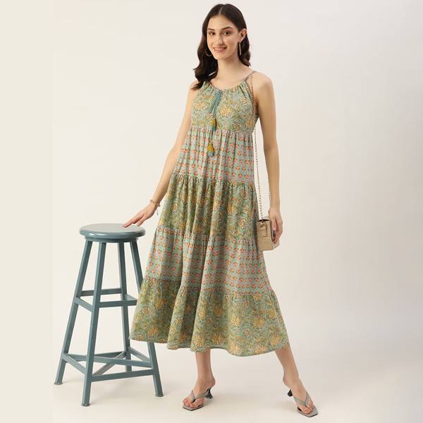 Sea Green & Red Floral Pure Cotton Tiered Maxi Dress