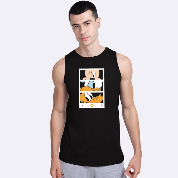Men Black & White Mickey Trio Call Printed Cotton Innerwear Vest