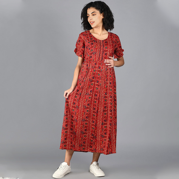 Red Ethnic Motifs Maternity Empire Midi Dress