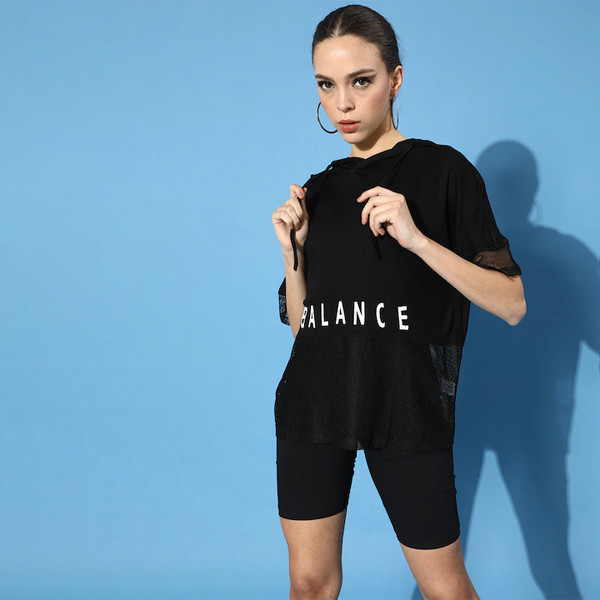Women Black Printed Semi-Sheer Hooded T-shirt