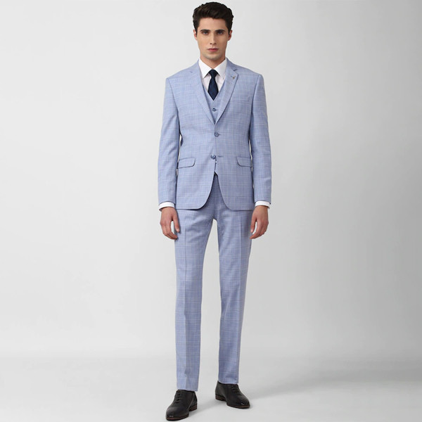 Men Blue Checked Slim-Fit Single-Breasted Three-Piece Suits