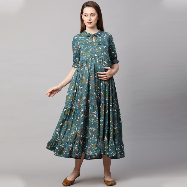 Green Floral Maternity Maxi Nursing Dress