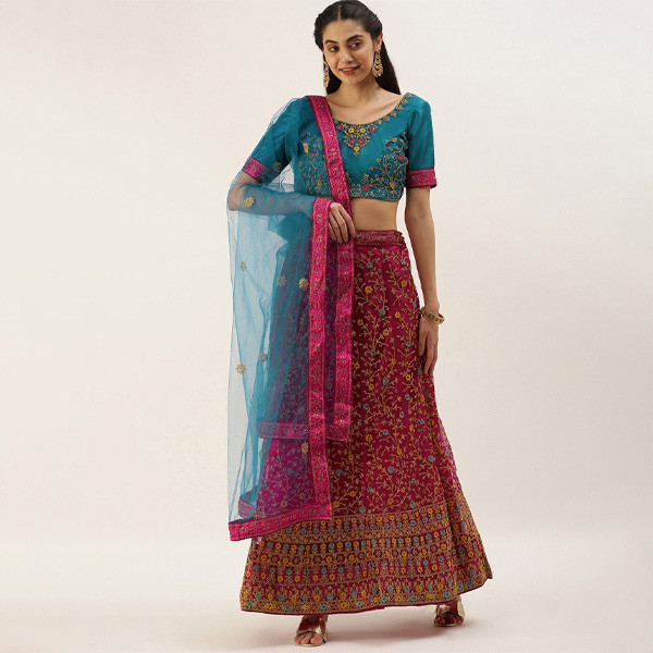 Embroidered Unstitched Lehenga & Blouse With Dupatta