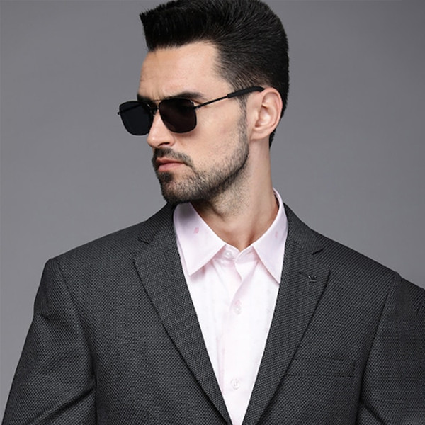 Men Black Self Design Double-Breasted Slim Fit Formal Blazer