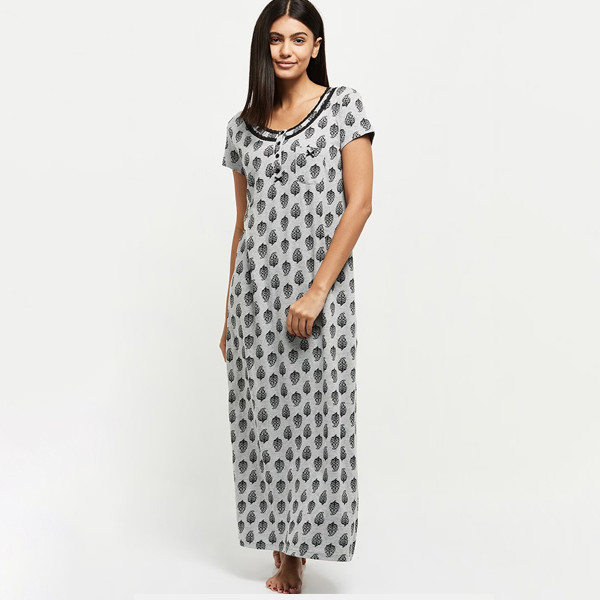 Grey Melange Printed Pure Cotton Maxi Nightdress