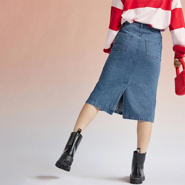 Chain-Detail Knee-Length Denim Skirt