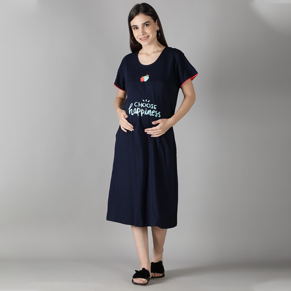 Navy Blue Maternity Cotton A-Line Midi Dress
