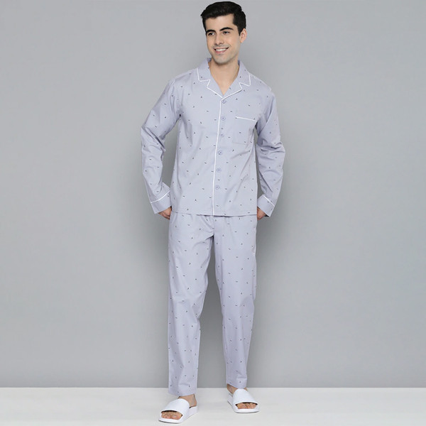 Men Grey Abstract Printed Casual Night suit