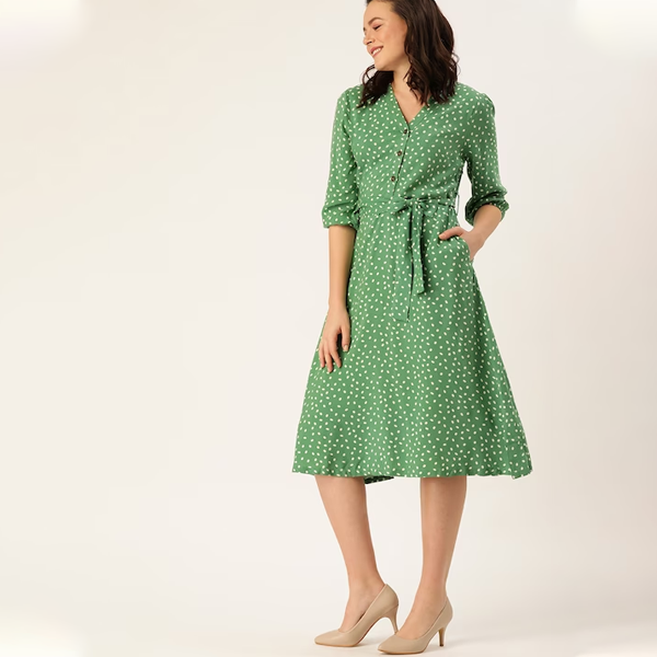 Green & White Polka Dots Printed Fit and Flare Sustainable Dress