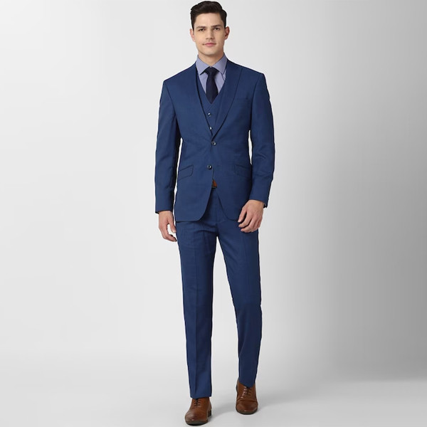 Men Blue Self Design Single-Breasted 3 Piece Formal Suit